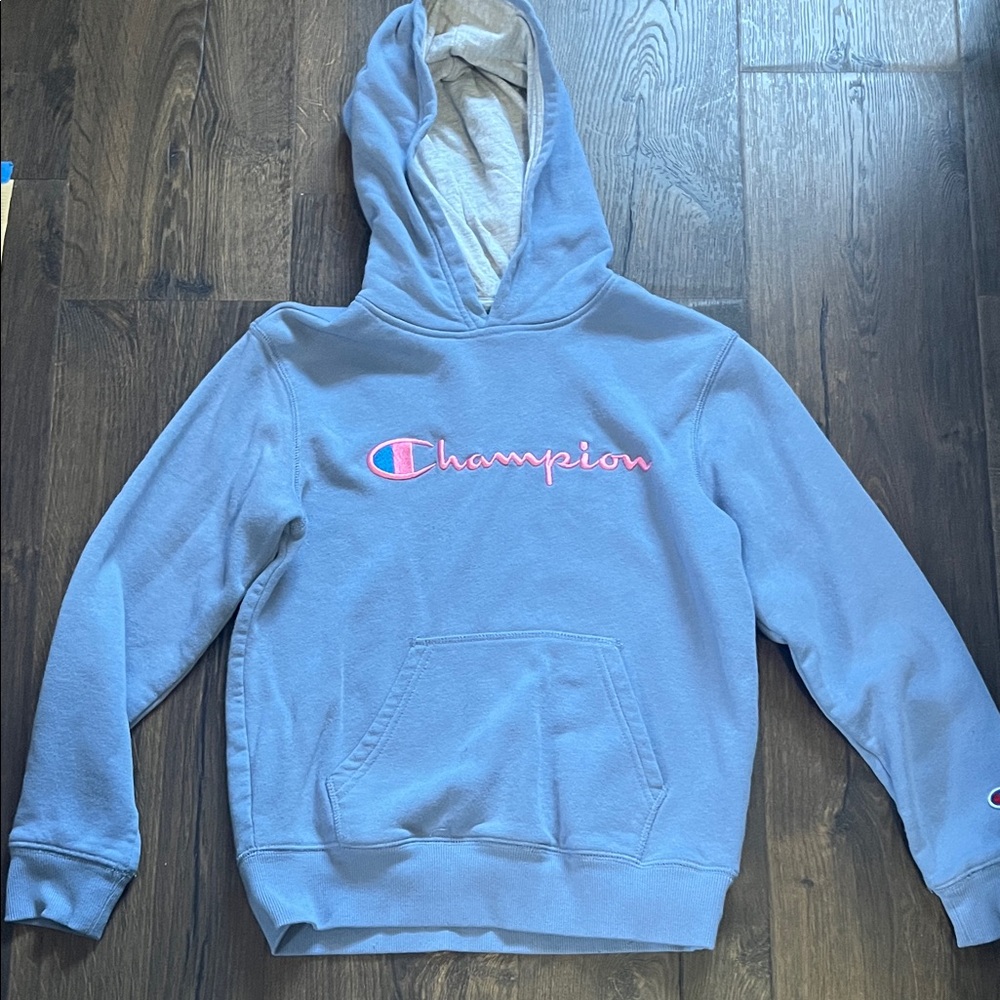 Champion Kids Light Blue Hoodie with Pink Logo
